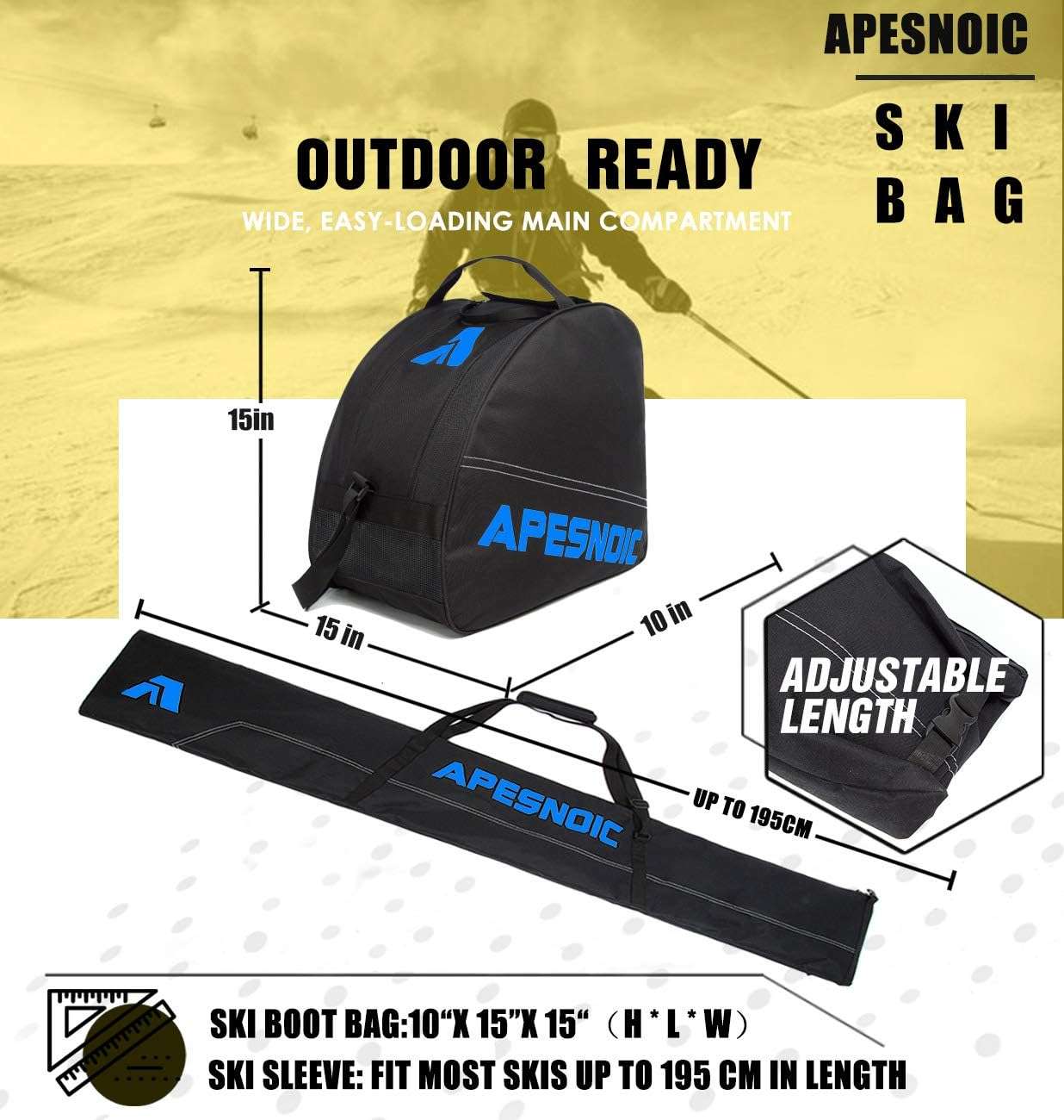 Padded Two-Piece Ski and Boot Bag Combo - Water-Resistant Travel Bag Fits Skis Up to 200 cm & Boots Size 13 With 5mm Foam Gear Bag - 7