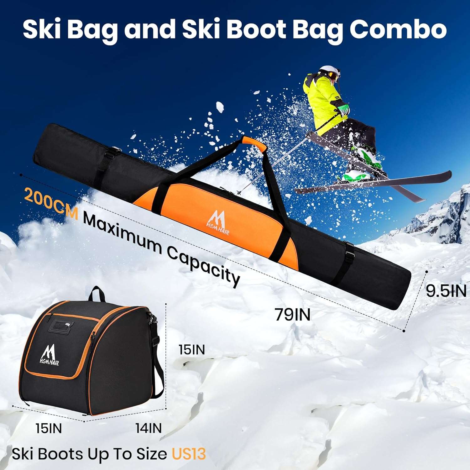 Ski Bag and Ski Boot Bag Combo-Padding Skis Bag for Air Travel,Water Proof Ski Boot Bag Fits for Skis Up to 200 CM and Boots Up To Size US13,Adults Ski Travel Bag - Image 7