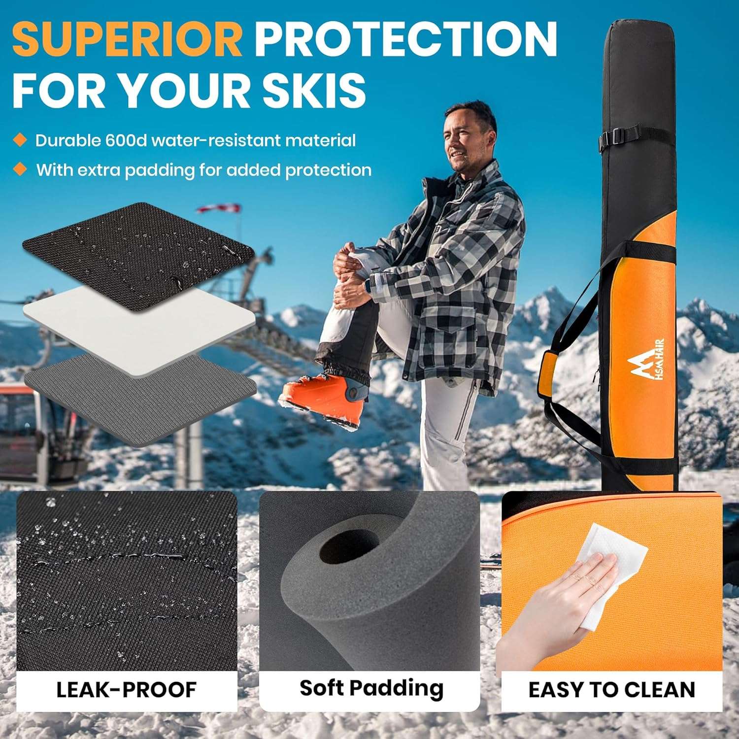 Ski Bag and Ski Boot Bag Combo-Padding Skis Bag for Air Travel,Water Proof Ski Boot Bag Fits for Skis Up to 200 CM and Boots Up To Size US13,Adults Ski Travel Bag - 3