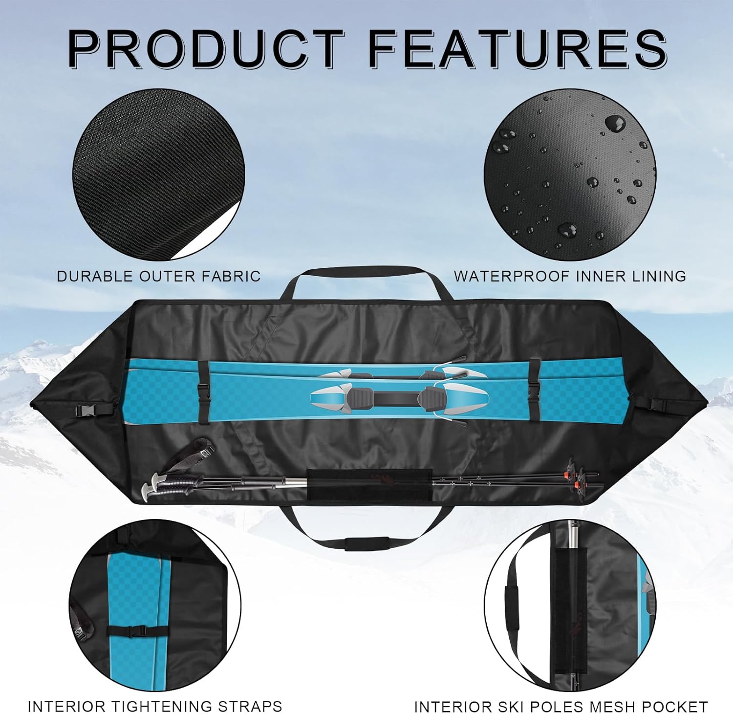 Cosmos Ski Bag Adjustable Length Skiing Travel Carry Ski Bag Snowboard Bag for Travel Skiing Accessory Equipment - Fits Ski Up to 200 cm Long, Water Resistant - 3