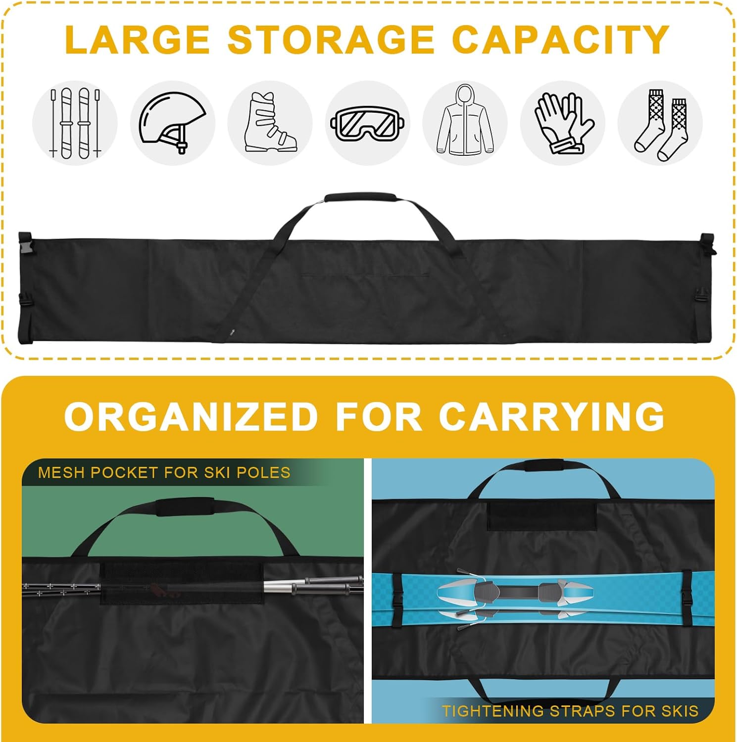 Cosmos Ski Bag Adjustable Length Skiing Travel Carry Ski Bag Snowboard Bag for Travel Skiing Accessory Equipment - Fits Ski Up to 200 cm Long, Water Resistant - 4