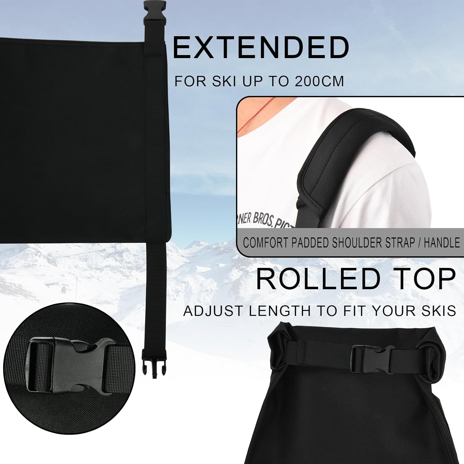 Cosmos Ski Bag Adjustable Length Skiing Travel Carry Ski Bag Snowboard Bag for Travel Skiing Accessory Equipment - Fits Ski Up to 200 cm Long, Water Resistant - 5