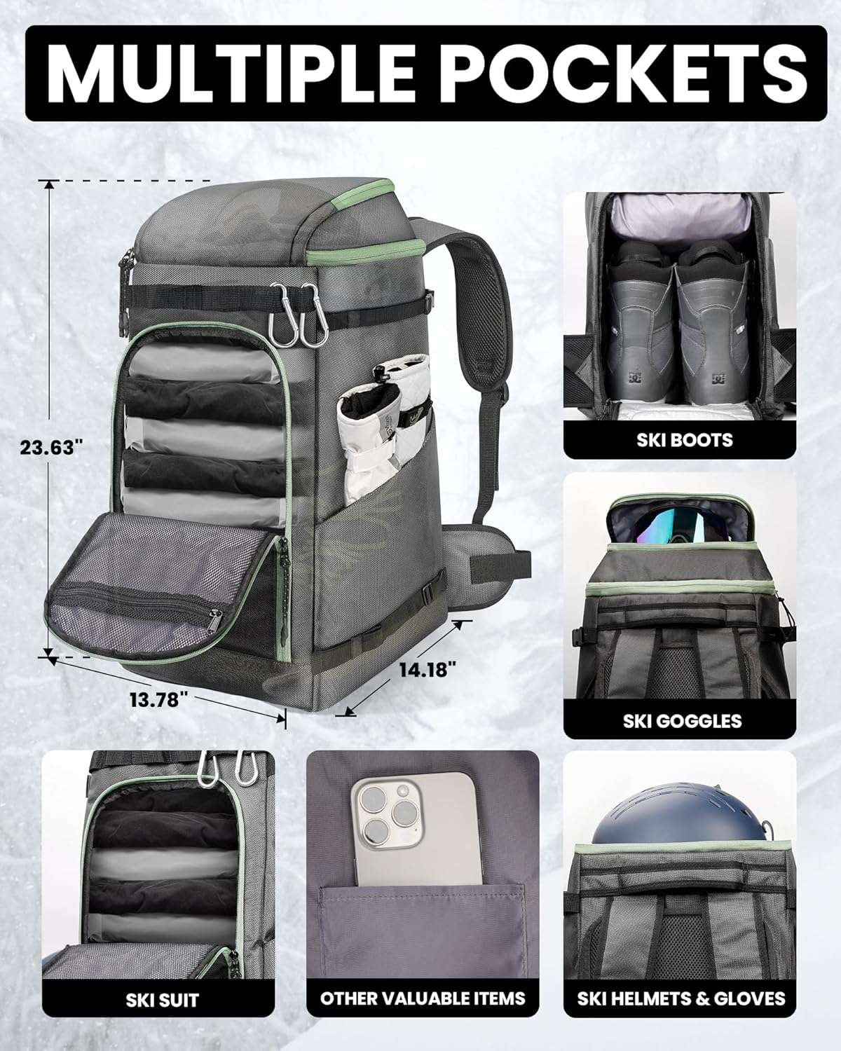 OutdoorMaster Ski Boot Bag, 65L Snowboard Boots Travel Backpack for Helmet, Ski Shoes, Goggles, Gloves and Accessories, Waterproof Exterior & Bottom - 3