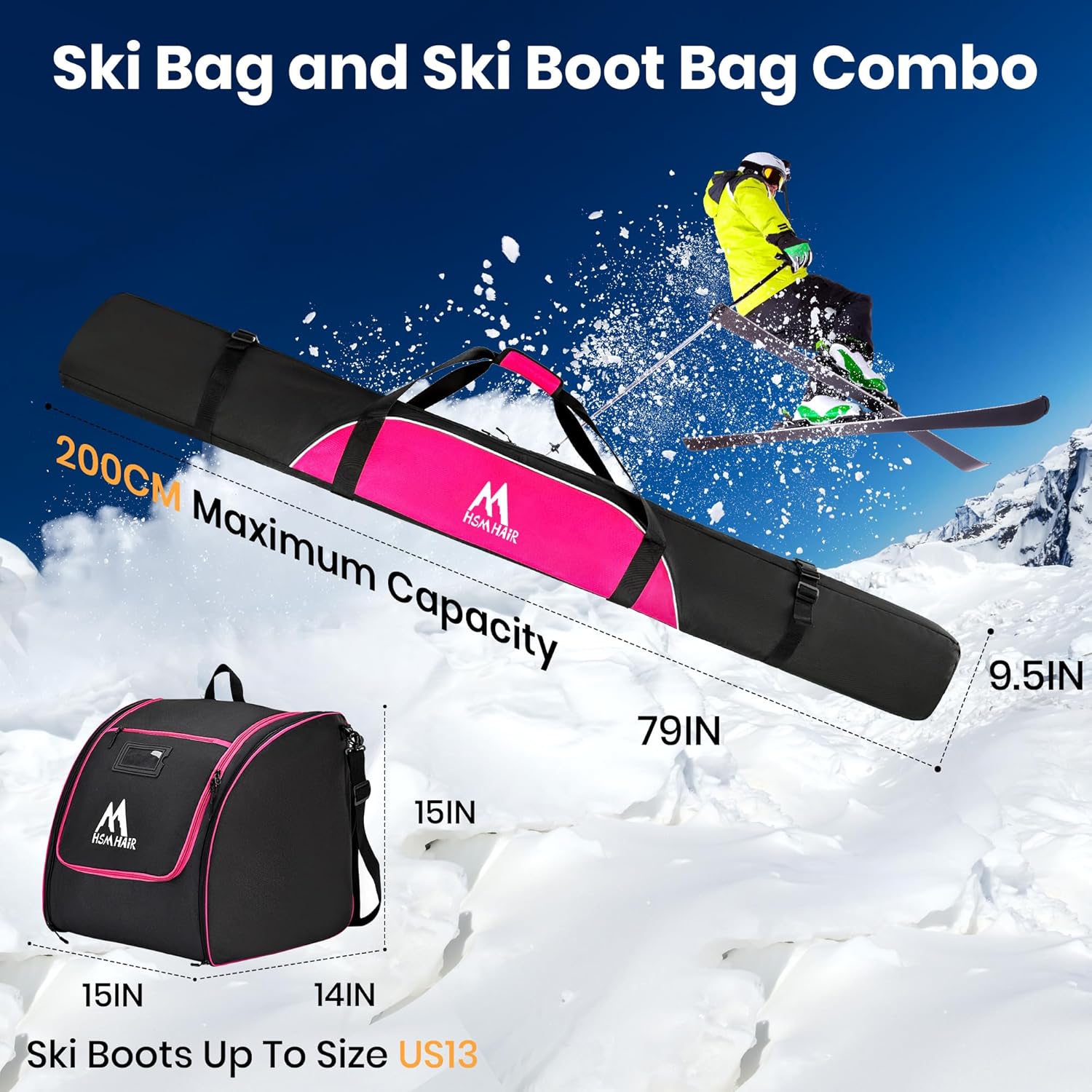 Ski Bag and Ski Boot Bag Combo-Padding Skis Bag for Air Travel,Water Proof Ski Boot Bag Fits for Skis Up to 200 CM and Boots Up To Size US13,Adults Ski Travel Bag - 2