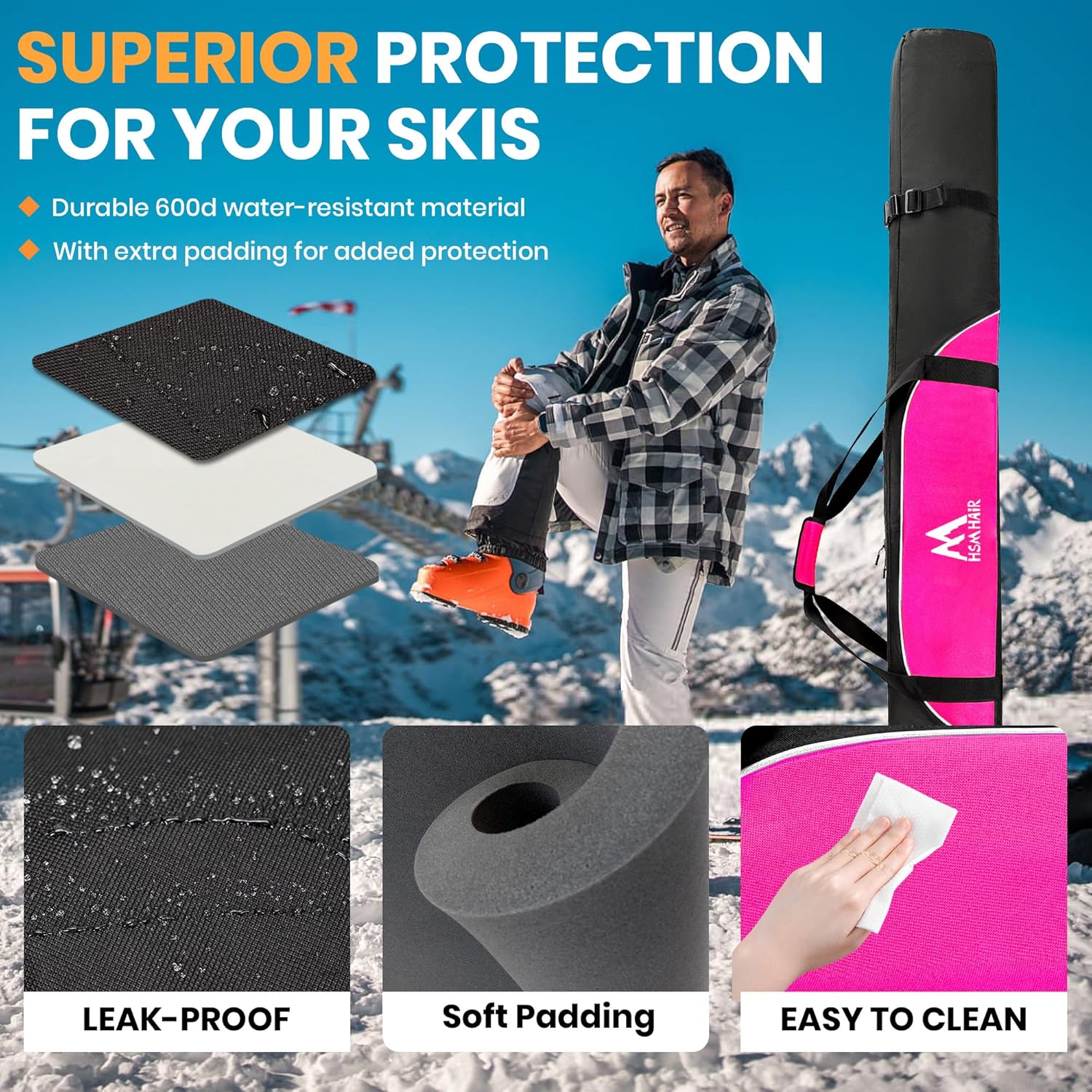 Ski Bag and Ski Boot Bag Combo-Padding Skis Bag for Air Travel,Water Proof Ski Boot Bag Fits for Skis Up to 200 CM and Boots Up To Size US13,Adults Ski Travel Bag - 3