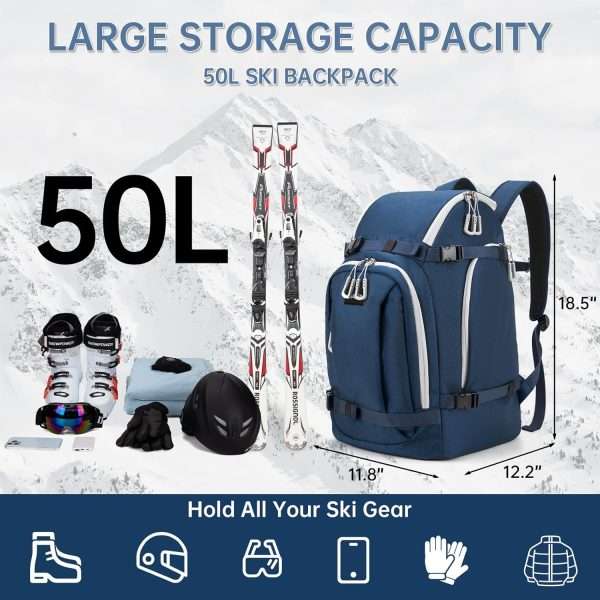 Ski Boot Bag, 50L Ski Boot Travel Backpack for Skis, Snowboard & Accessories, Waterproof Padded Ski Boot Bag Backpack - 2