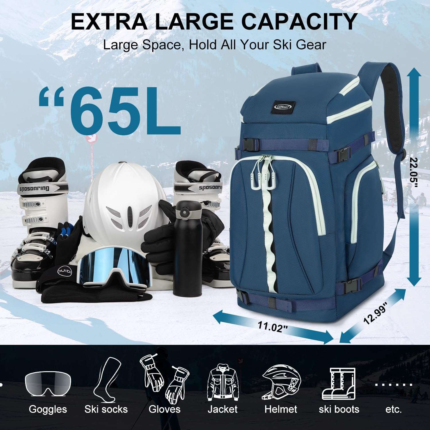 Ski Boot Bag, 65L Waterproof Ski Bag & Snowboard Boot Bag, Travel Backpack for Skis Snowboard Helmet Goggles & Accessories - 2