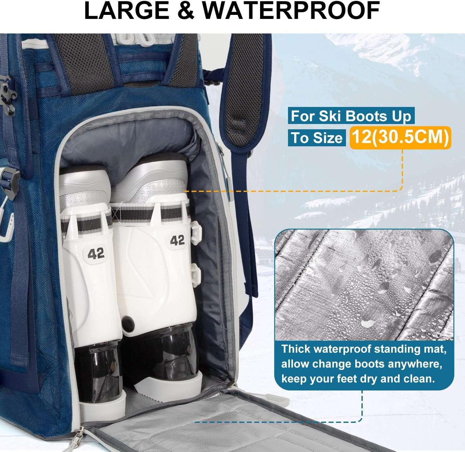Ski Boot Bag, 65L Waterproof Ski Bag & Snowboard Boot Bag, Travel Backpack for Skis Snowboard Helmet Goggles & Accessories - 5