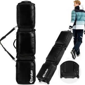 Ski Bag with Wheels, Rolling Snowboard Bag for Air Travel, Extendable 155-185CM Wheeled Ski Bag All-Round Padded Protection, for Snowboard, Double Skis, Boots, Helmet, Ski Gear - 1