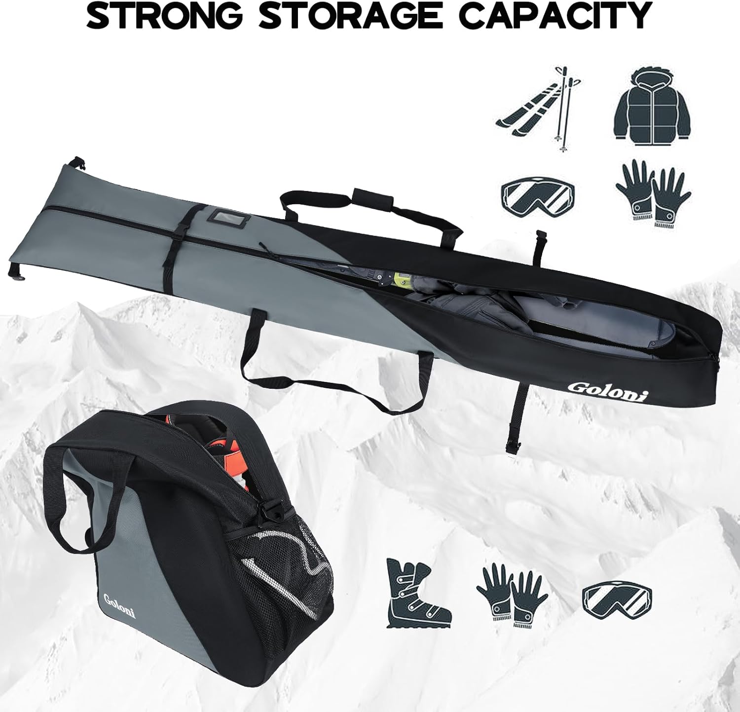 Goloni Ski Bag and Boot Bag Combo, Ski Bags for Air Travel, Snowboard Bag Fits for Skis Up to 180 CM and Boots Up To Size US13 - 2