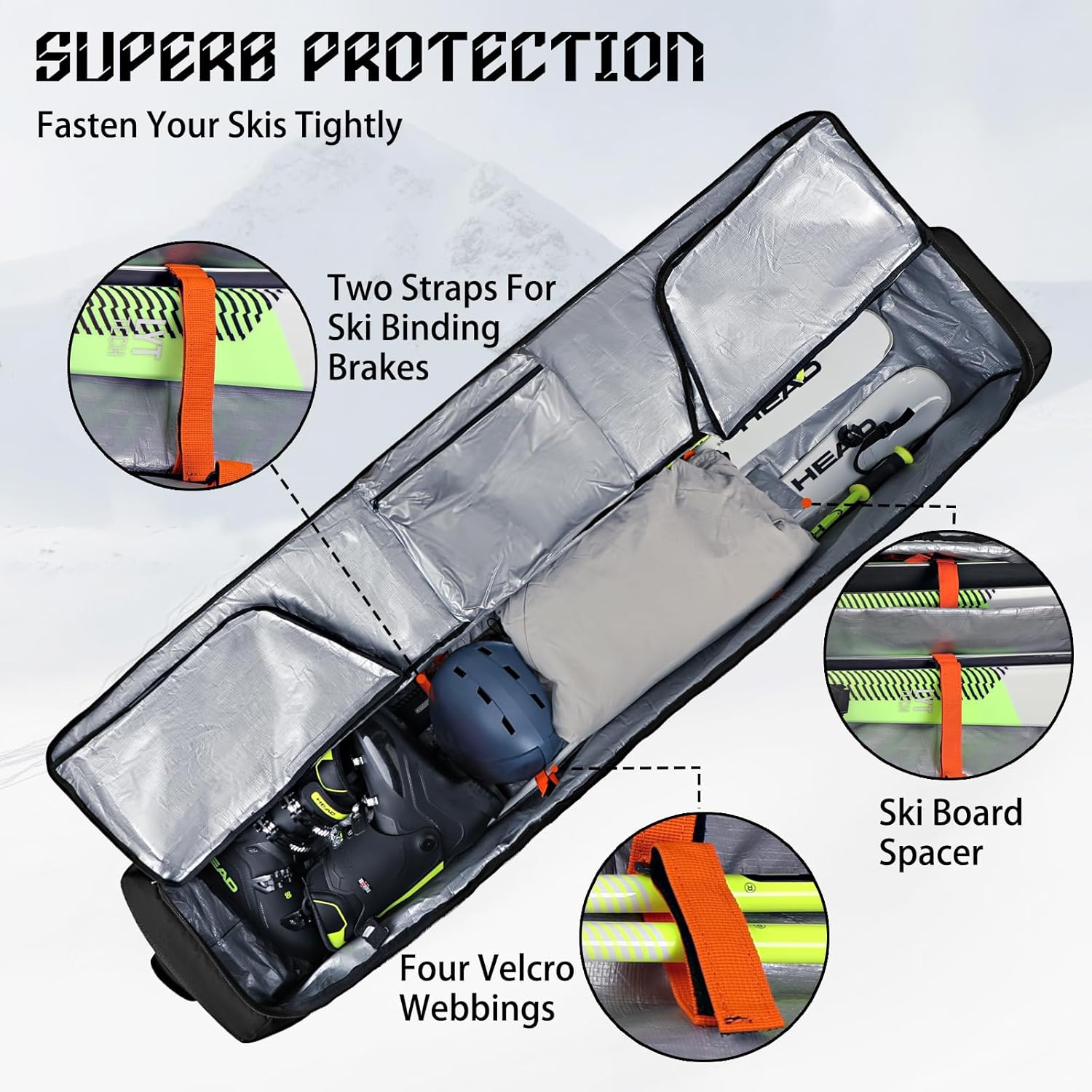 Goloni Ski Bag with Wheels,Padded Snowboard Bag for Air Travel,600D Waterproof Fabric,Foldable Snow Bag Fits 2 Pairs Skis - 4