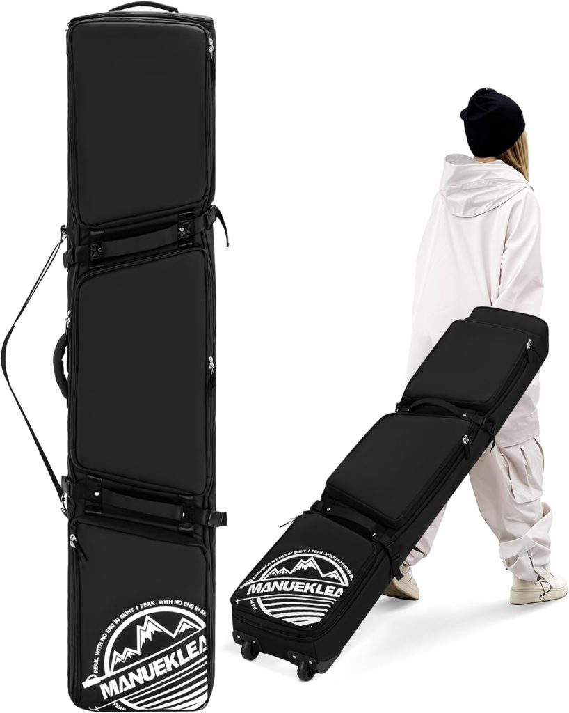 MANUEKLEAR Rolling Ski Travel Bag Holds Skis from 170-184 cm, Durable & Waterproof Snowboard Bag with Wheels, Foldable Double Ski Bag with Soft Padded and Detachable Shoulder Straps - 1