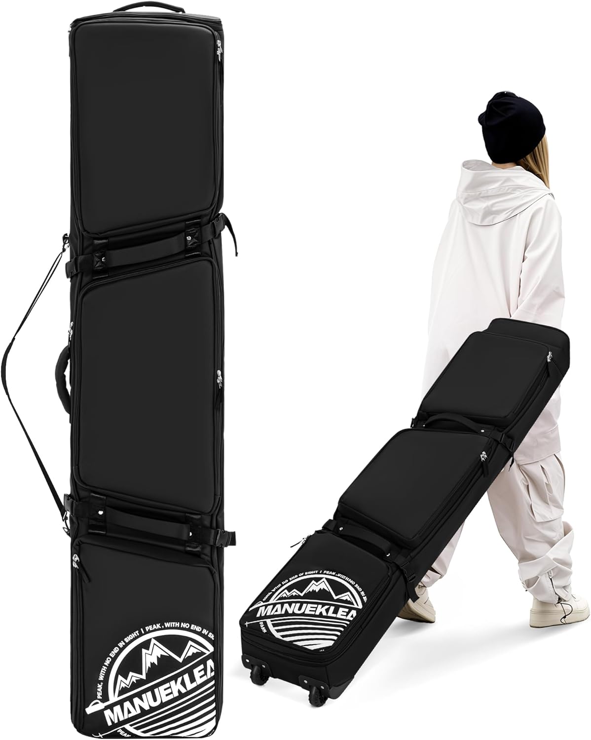 MANUEKLEAR Rolling Ski Travel Bag Holds Skis from 170-184 cm, Durable & Waterproof Snowboard Bag with Wheels, Foldable Double Ski Bag with Soft Padded and Detachable Shoulder Straps - 1
