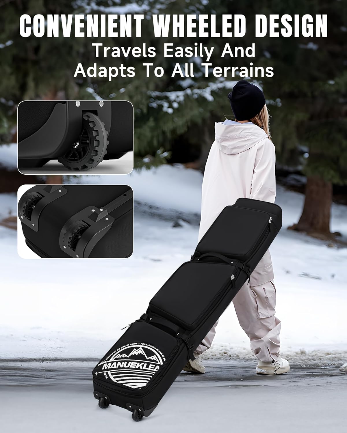 MANUEKLEAR Rolling Ski Travel Bag Holds Skis from 170-184 cm, Durable & Waterproof Snowboard Bag with Wheels, Foldable Double Ski Bag with Soft Padded and Detachable Shoulder Straps - 2