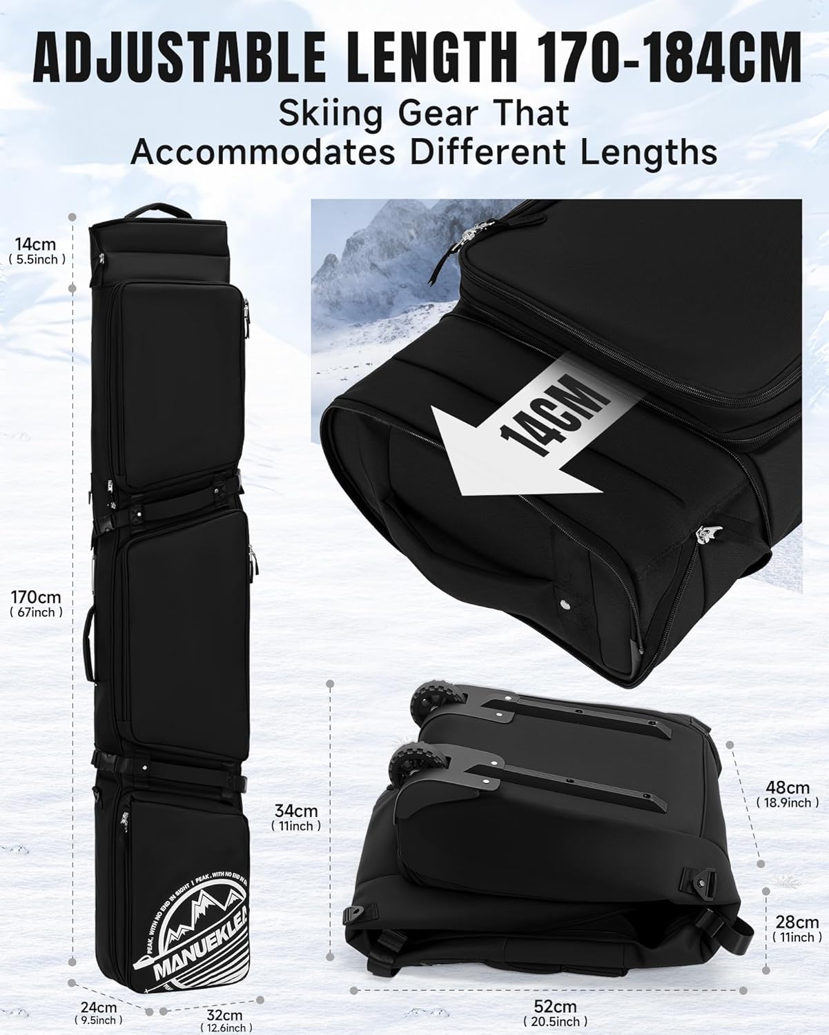 MANUEKLEAR Rolling Ski Travel Bag Holds Skis from 170-184 cm, Durable & Waterproof Snowboard Bag with Wheels, Foldable Double Ski Bag with Soft Padded and Detachable Shoulder Straps - 4
