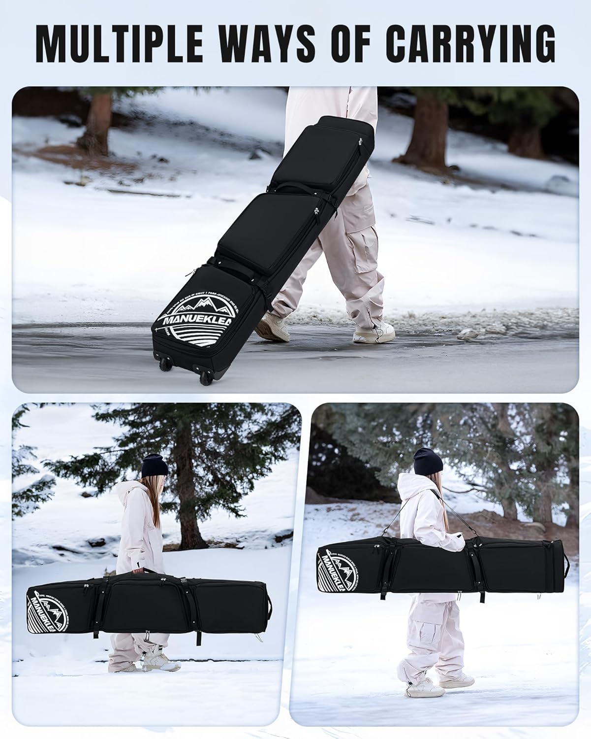 MANUEKLEAR Rolling Ski Travel Bag Holds Skis from 170-184 cm, Durable & Waterproof Snowboard Bag with Wheels, Foldable Double Ski Bag with Soft Padded and Detachable Shoulder Straps - 6