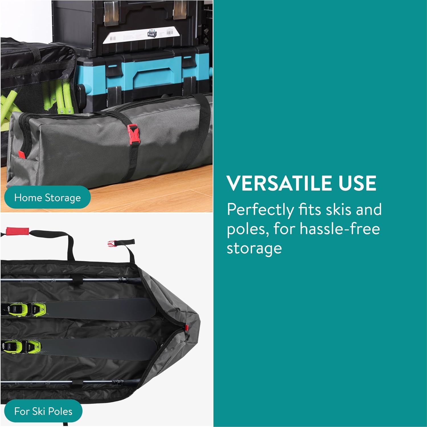 Navaris Ski Bag for Men and Women - Ski Bag for 1 Pair of Skis and Poles with Zipper, 2 Straps with Buckles and Carrying Handle - 2 Sizes - 6