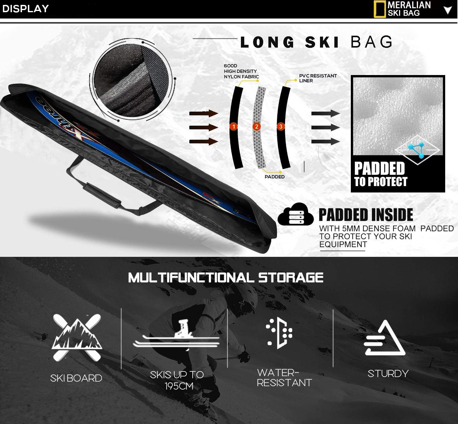 Padded Ski Bag,Waterproof Full Padded Single Ski Travel Bag with Adjustable Shoulder Strap. - 5