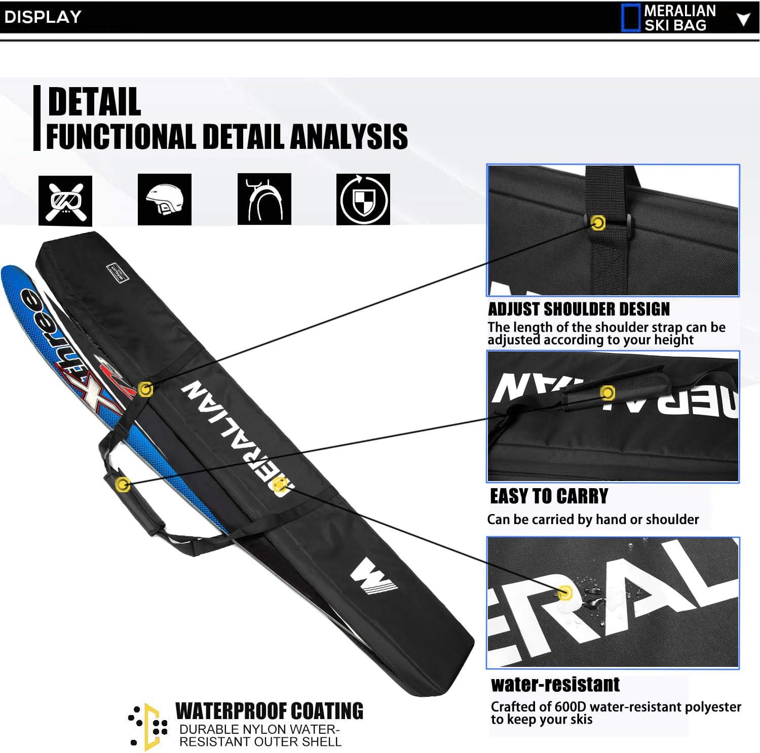 Padded Ski Bag,Waterproof Full Padded Single Ski Travel Bag with Adjustable Shoulder Strap. - 6