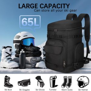 65L Waterproof Ski Boot Bag, Heavy Duty Snowboard Backpack for Helmet Goggles Gear, Air Travel Winter Sports Bag - 2