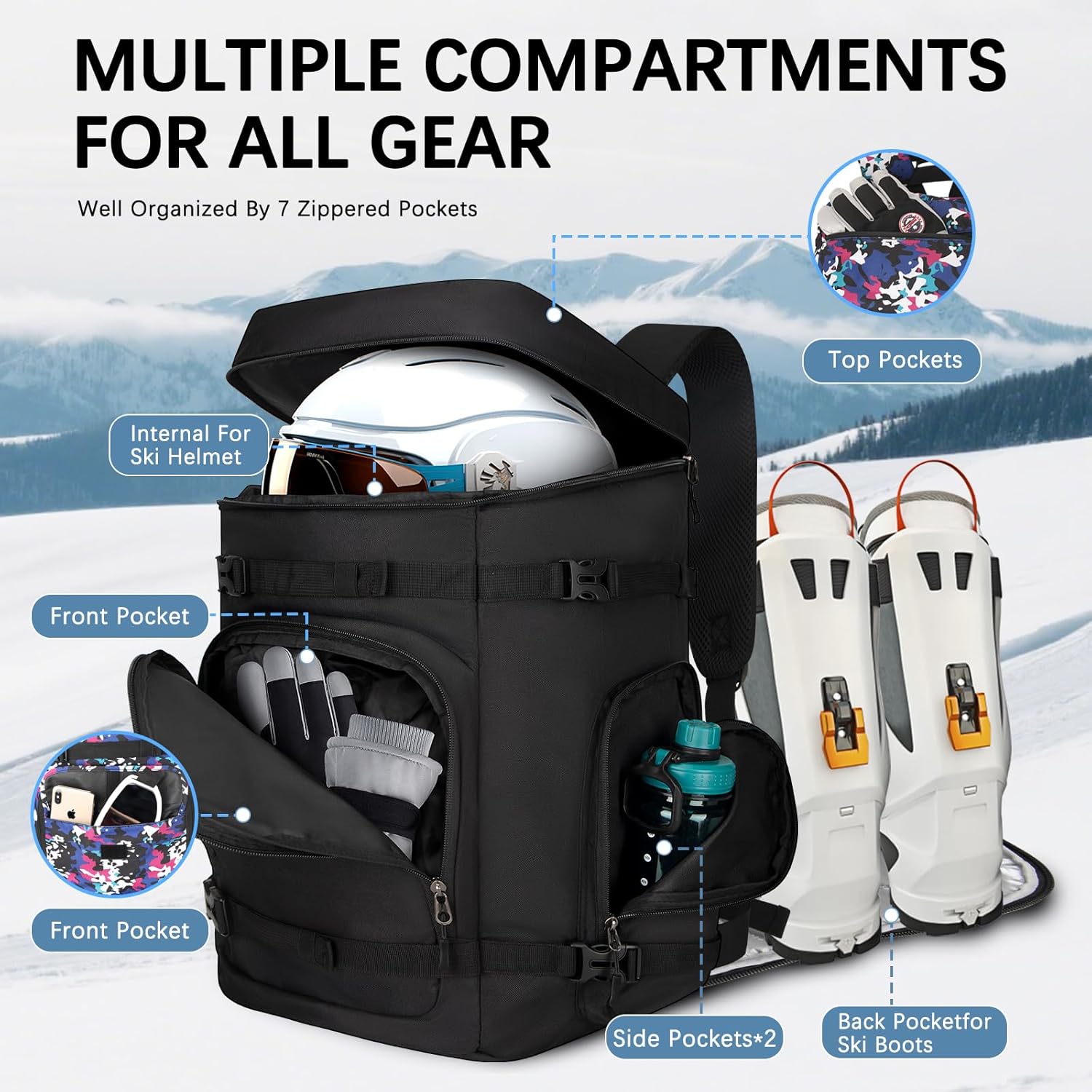 65L Waterproof Ski Boot Bag, Heavy Duty Snowboard Backpack for Helmet Goggles Gear, Air Travel Winter Sports Bag - 3