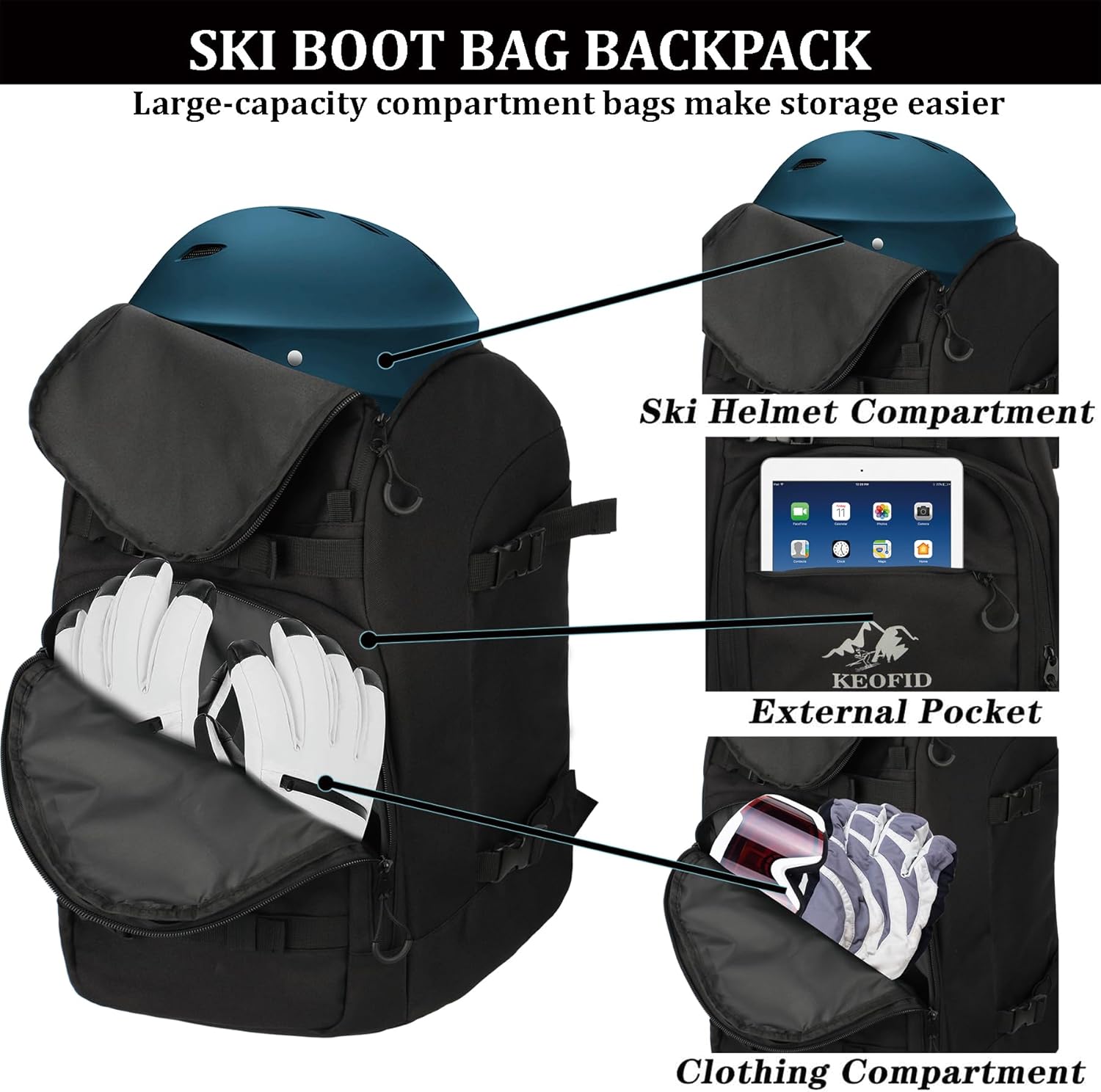 KEOFID 50L Ski Boot Bag Backpack, Waterproof Ski Bag, Travel Backpack for Ski Helmet, Snowboard - 3
