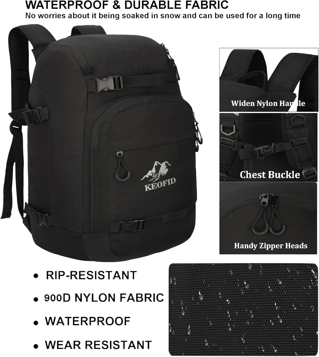 KEOFID 50L Ski Boot Bag Backpack, Waterproof Ski Bag, Travel Backpack for Ski Helmet, Snowboard - 4
