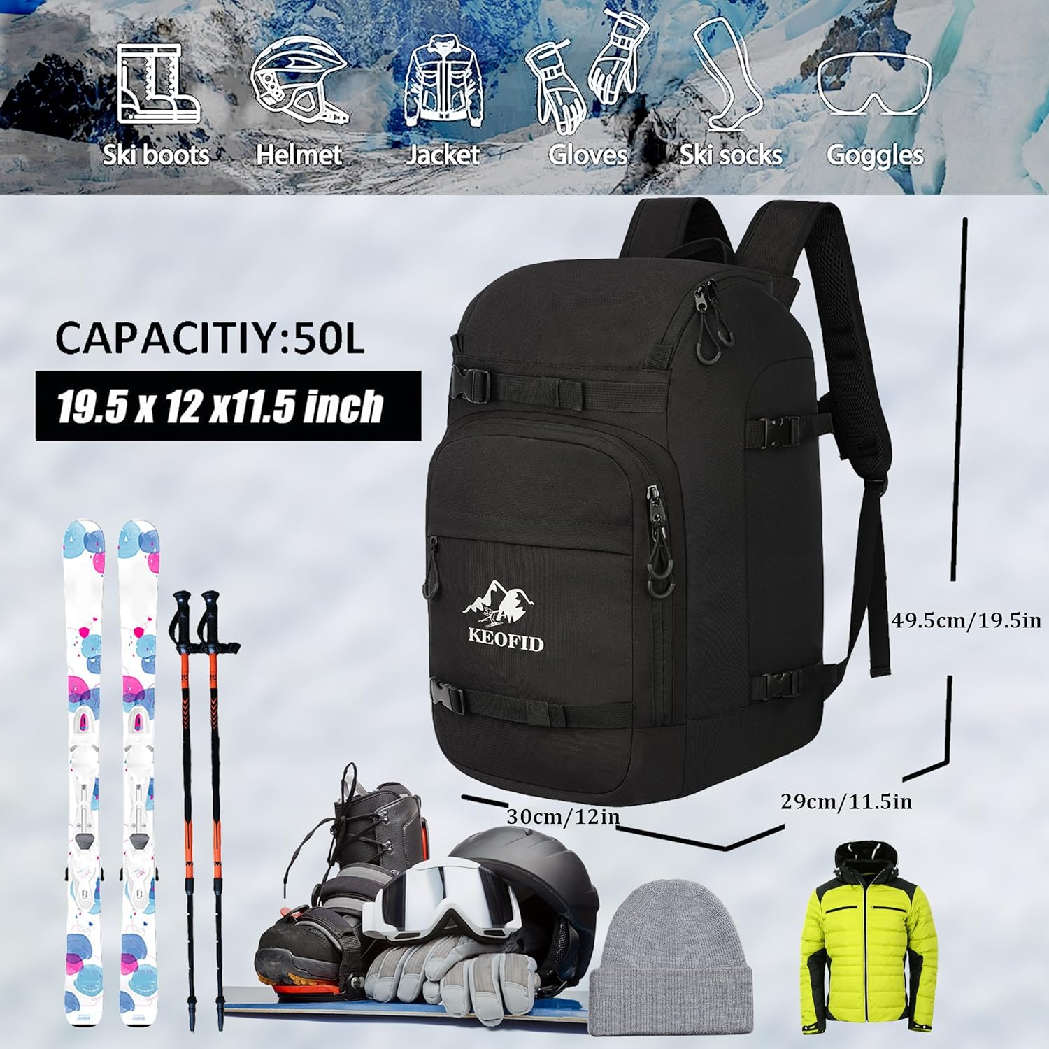KEOFID 50L Ski Boot Bag Backpack, Waterproof Ski Bag, Travel Backpack for Ski Helmet, Snowboard - 5