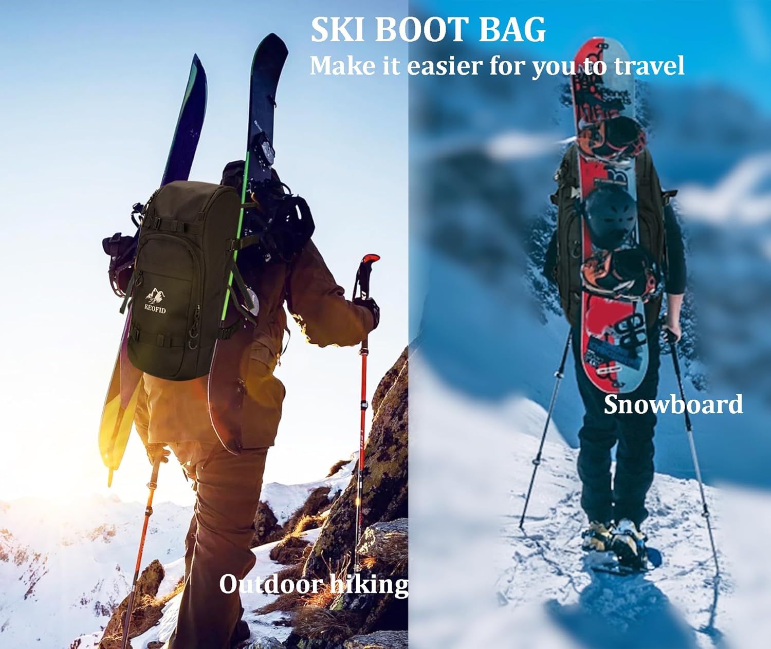 KEOFID 50L Ski Boot Bag Backpack, Waterproof Ski Bag, Travel Backpack for Ski Helmet, Snowboard - 6