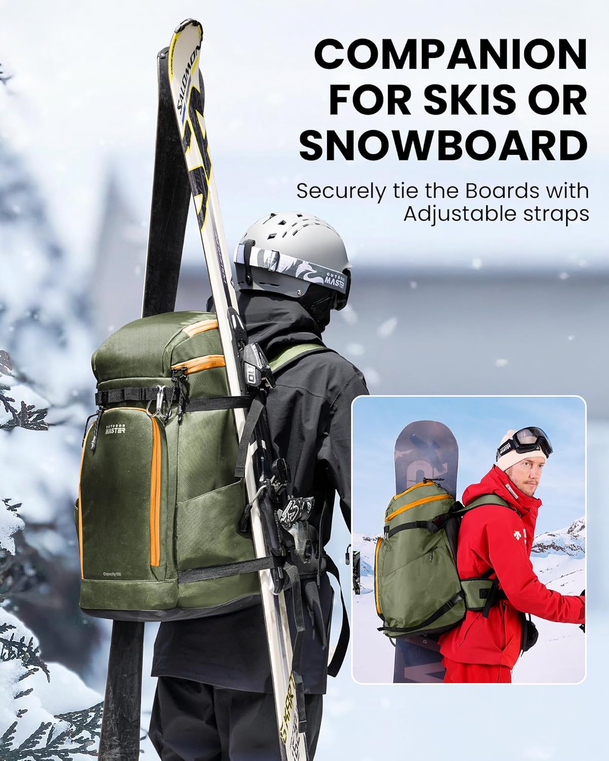 OutdoorMaster Ski Boot Bag, 65L Snowboard Boots Travel Backpack for Helmet, Ski Shoes, Goggles, Gloves and Accessories, Waterproof Exterior & Bottom - 2