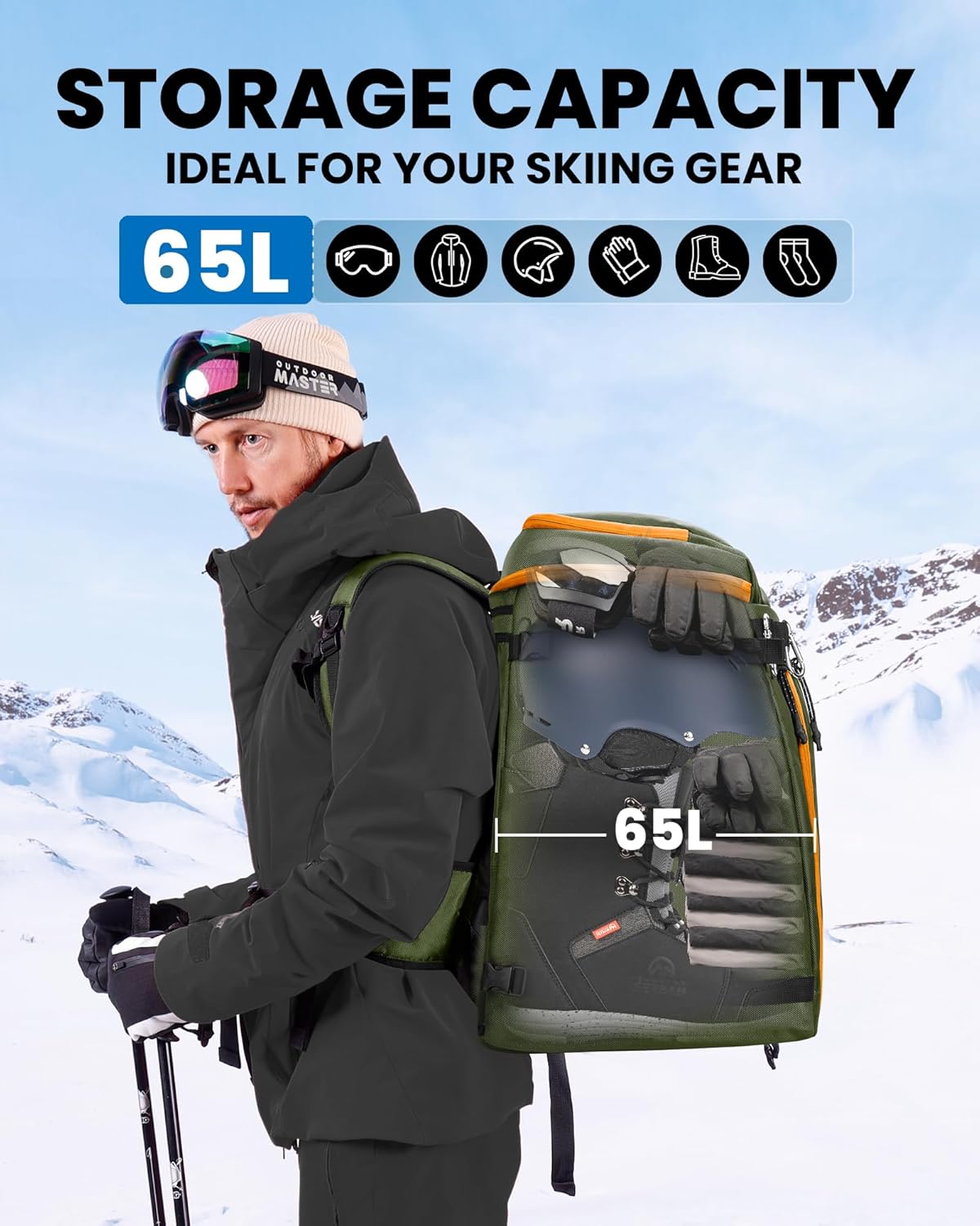 OutdoorMaster Ski Boot Bag, 65L Snowboard Boots Travel Backpack for Helmet, Ski Shoes, Goggles, Gloves and Accessories, Waterproof Exterior & Bottom - 4