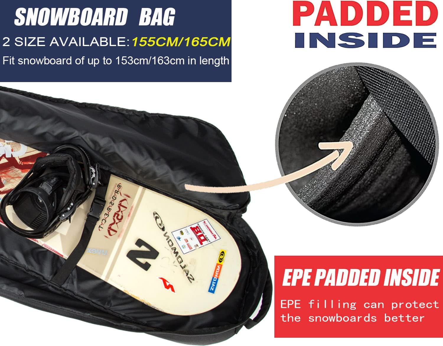 Padded Snowboard Bag- Perfect for Air Plane Travel for Snowboard, Goggles, Gloves, Ski Outdoor Camping,Available Length in 155cm 165cm. - 2