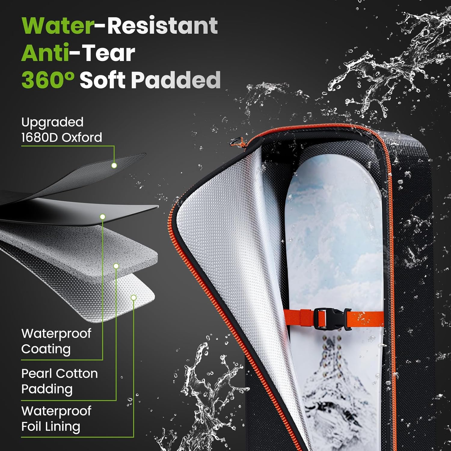 Padded Snowboard Bag, Waterproof Snowboard Travel Bags for Air Travel Flying - 1680D Reinforced, with Mesh Pocket, Ski Pole Pocket - 3