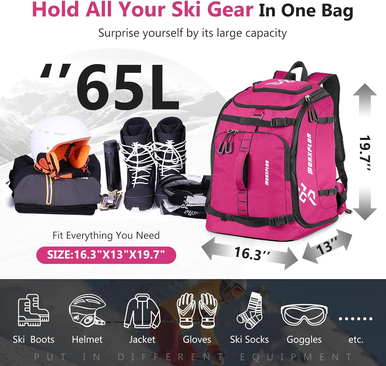 Ski Boot Bag - 65L Padded, Waterproof Ski Travel Backpack for Gear & Accessories - 2