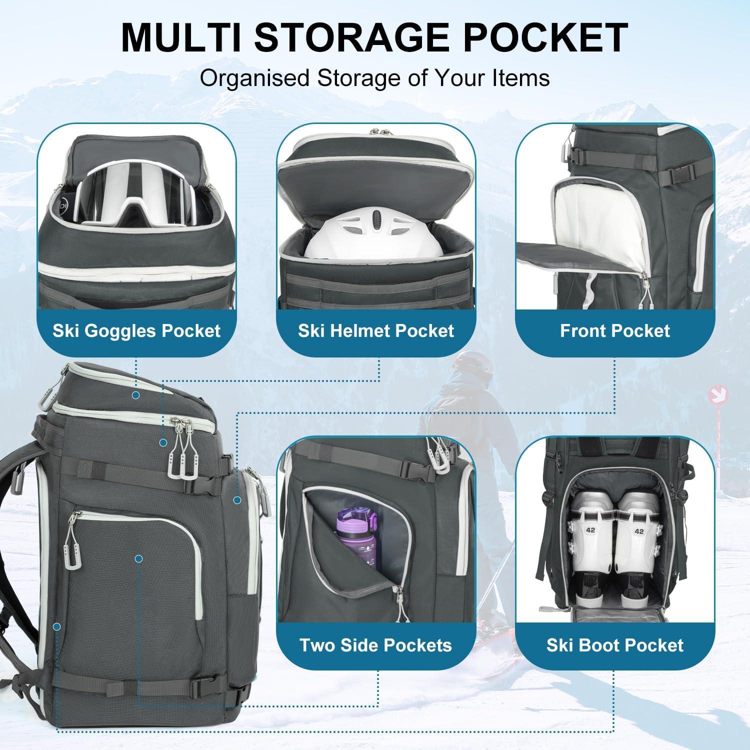 Ski Boot Bag, 65L Waterproof Ski Bag & Snowboard Boot Bag, Travel Backpack for Skis Snowboard Helmet Goggles & Accessories - 3