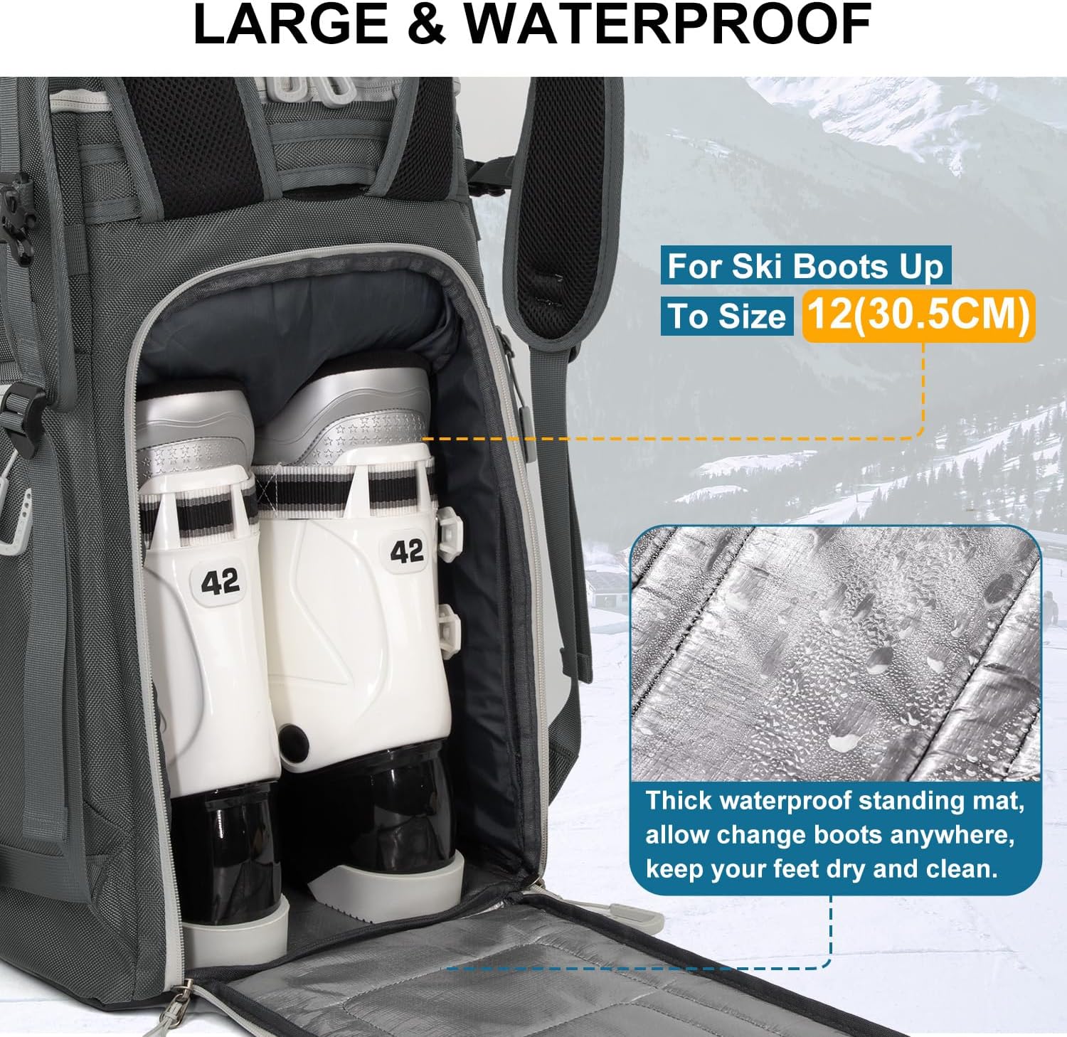 Ski Boot Bag, 65L Waterproof Ski Bag & Snowboard Boot Bag, Travel Backpack for Skis Snowboard Helmet Goggles & Accessories - 5