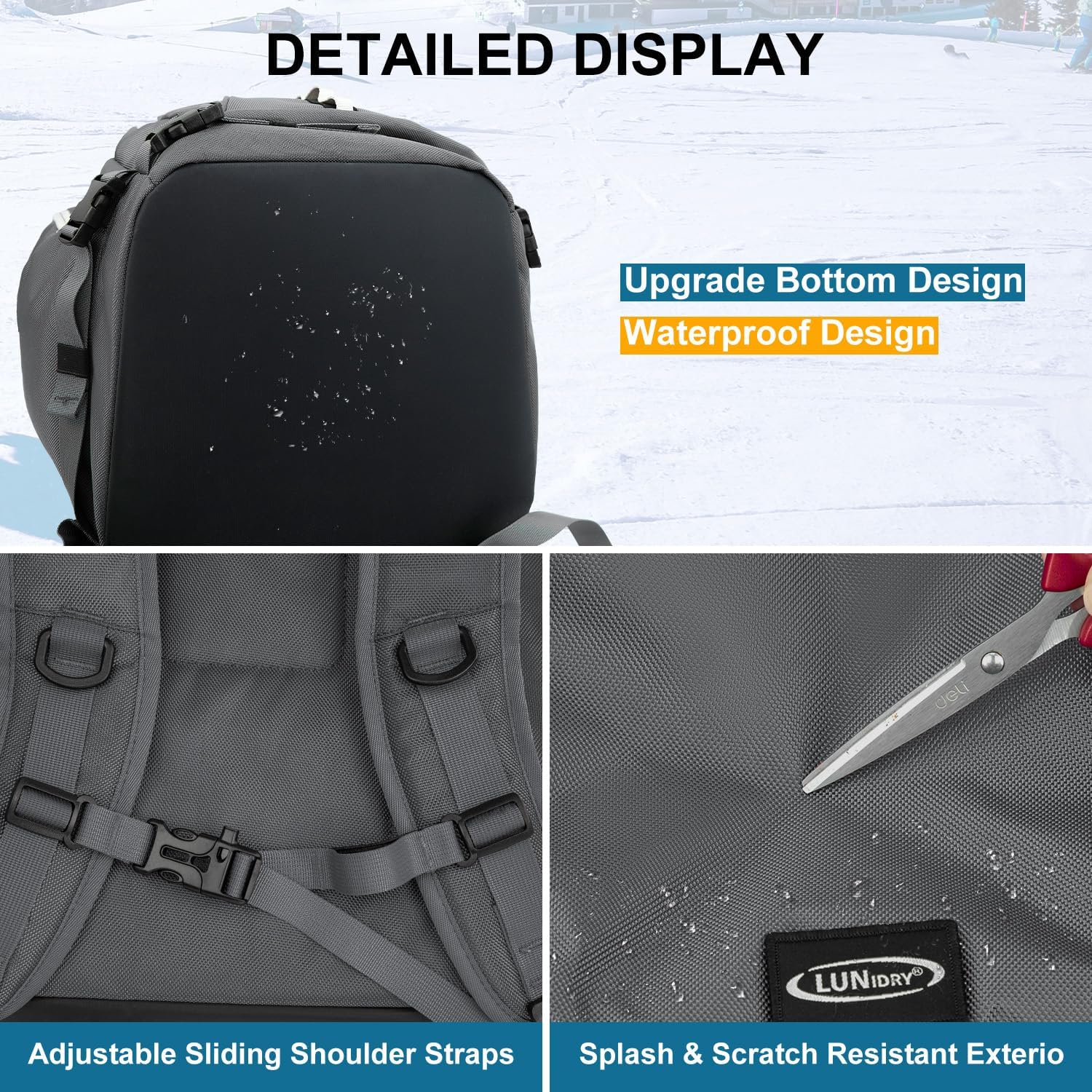 Ski Boot Bag, 65L Waterproof Ski Bag & Snowboard Boot Bag, Travel Backpack for Skis Snowboard Helmet Goggles & Accessories - 7