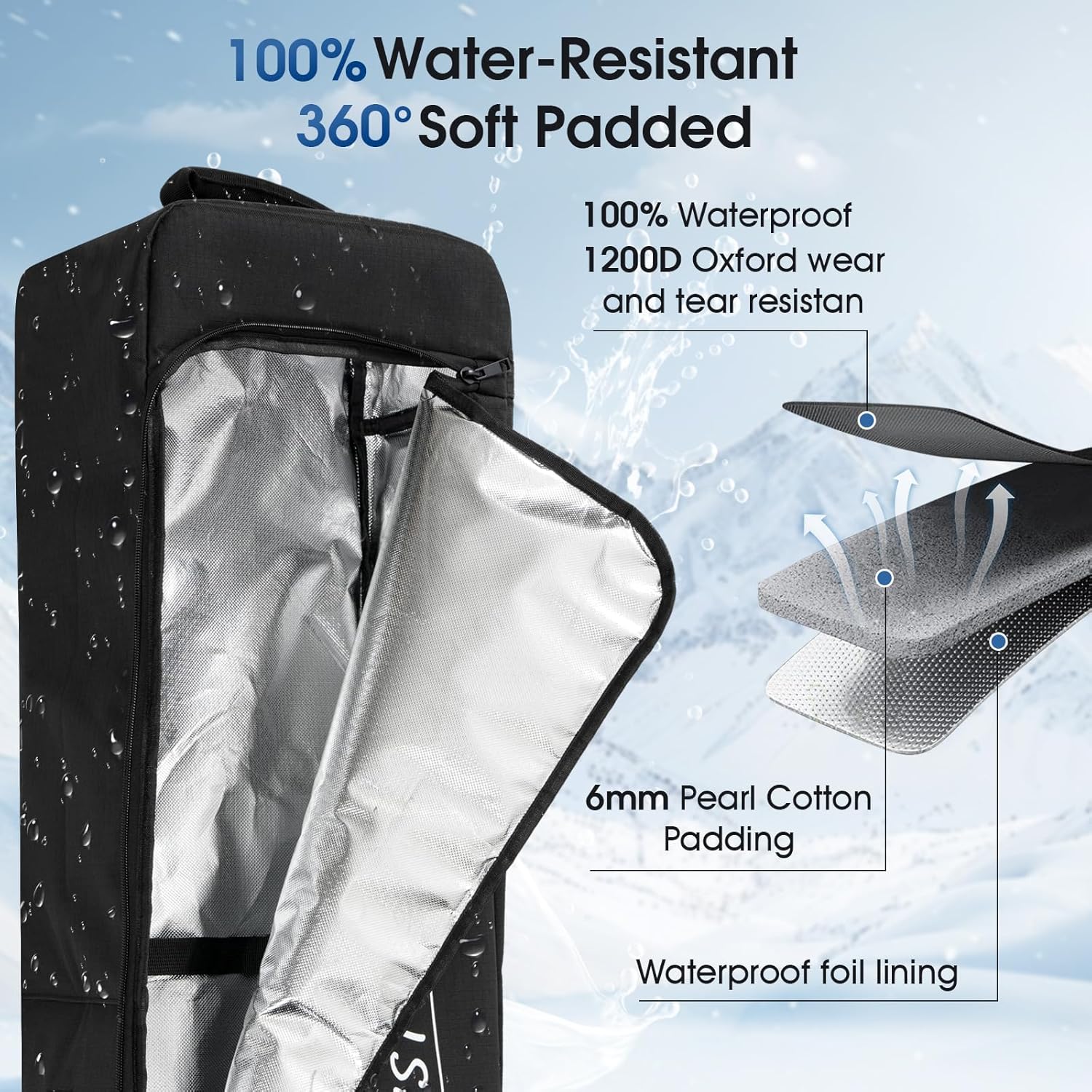 Snowboard Bag for Air Travel, 100% Waterproof Padded Snowboard Ski Bag Fit Board, Boots, Clothes, Helmet and Gear (164cm) - 2