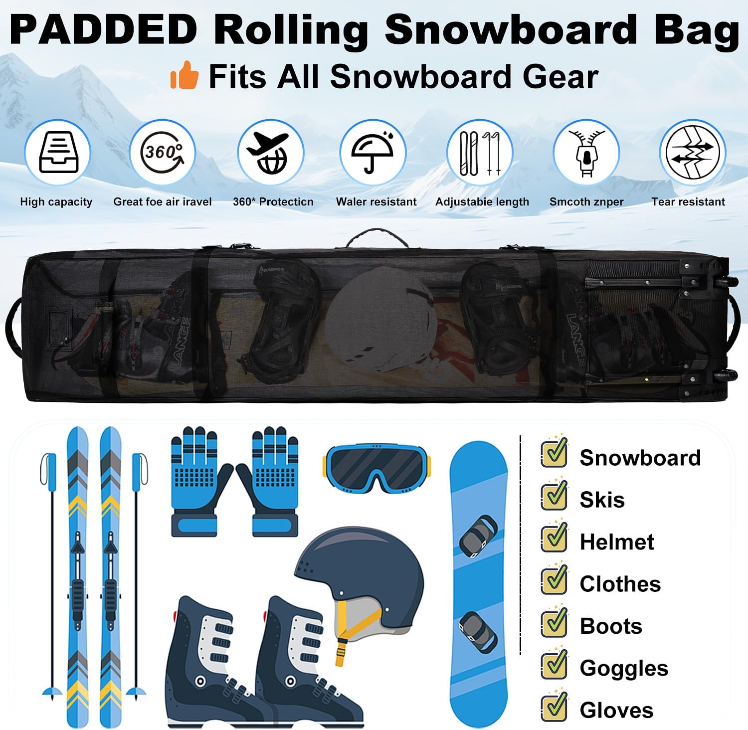 Snowboard Bag with Wheels, Padded Roller Snowboard Bag for Single Snowboard and Snowboard Boots,Available Length in 160cm and 170cm. - 2