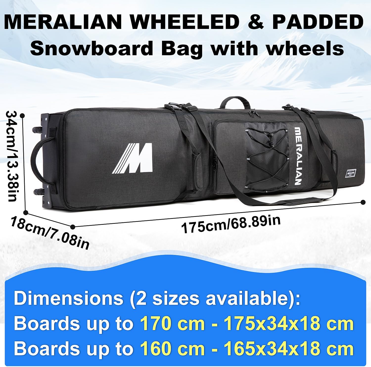 Snowboard Bag with Wheels, Padded Roller Snowboard Bag for Single Snowboard and Snowboard Boots,Available Length in 160cm and 170cm. - 3