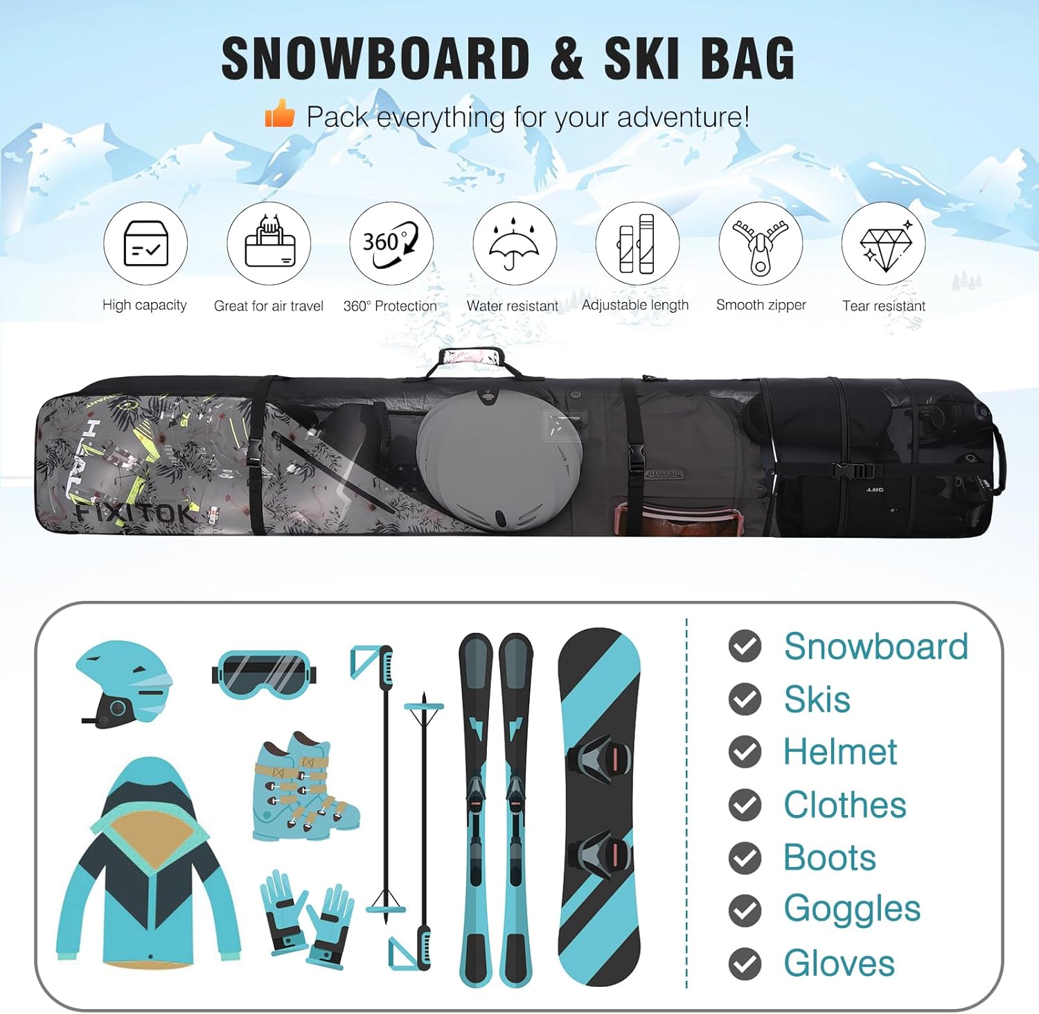 Snowboard & Ski Bag for Air Travel, Waterproof Full Padded Snowboard Bag Fit Board, Boots, Clothes, Helmet and Gear, Adjustable Length Ski Bag(157CM-181CM) - 2