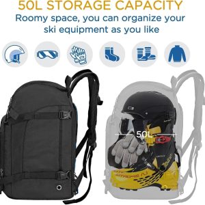 WOLT Ski Boot Bag Backpack - 50L Snowboard Boot Bag for Air Travel for Snow Boots, Ski Helmet, Gloves, Goggles, Skiing Gear - 2