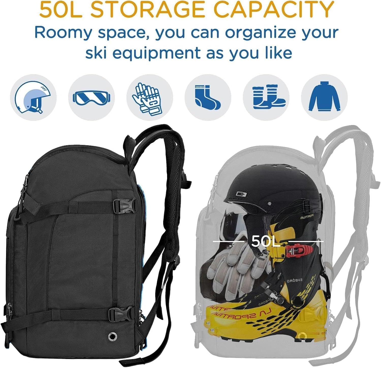 WOLT Ski Boot Bag Backpack - 50L Snowboard Boot Bag for Air Travel for Snow Boots, Ski Helmet, Gloves, Goggles, Skiing Gear - 2