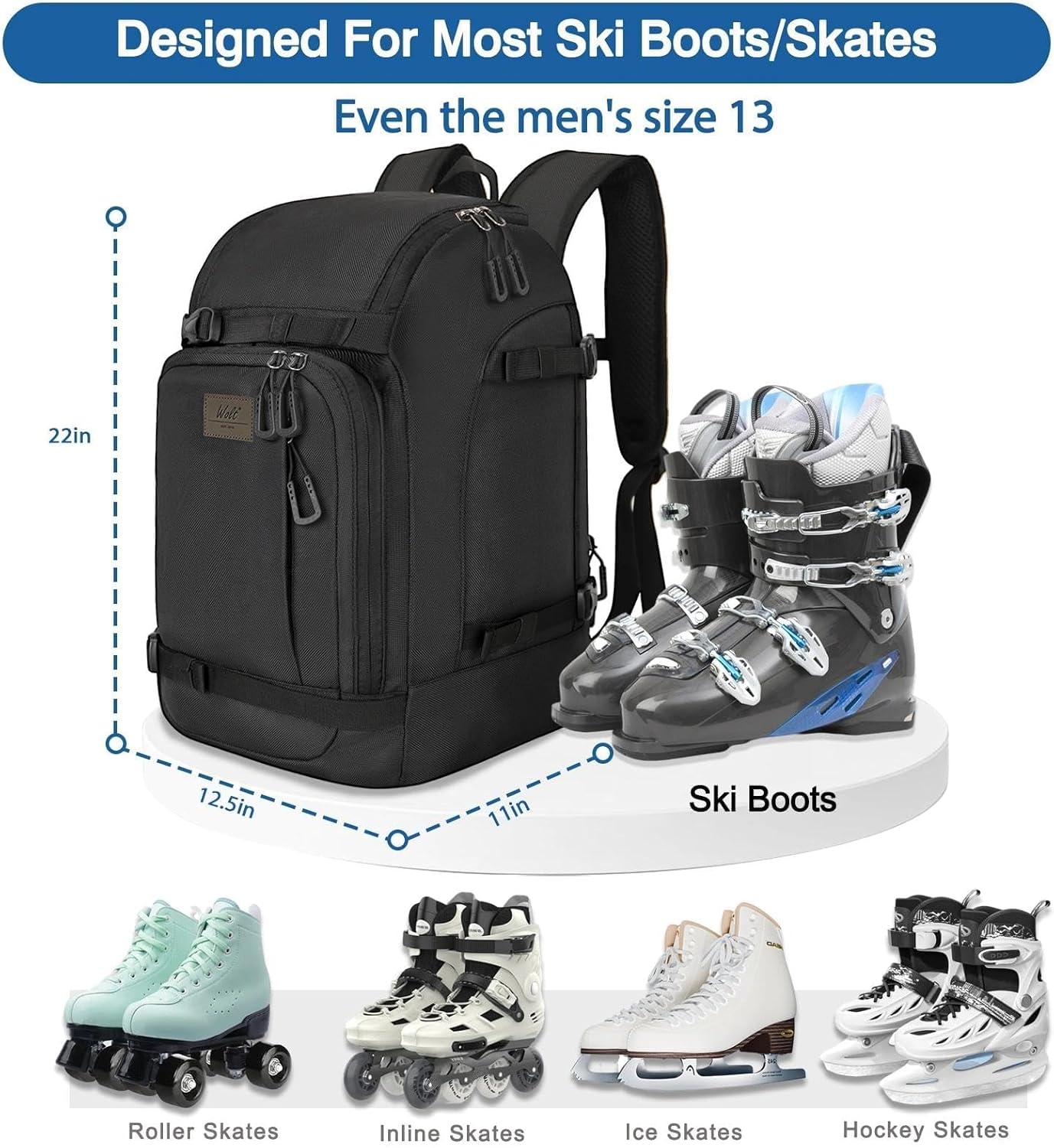 WOLT Ski Boot Bag Backpack - 50L Snowboard Boot Bag for Air Travel for Snow Boots, Ski Helmet, Gloves, Goggles, Skiing Gear - 3