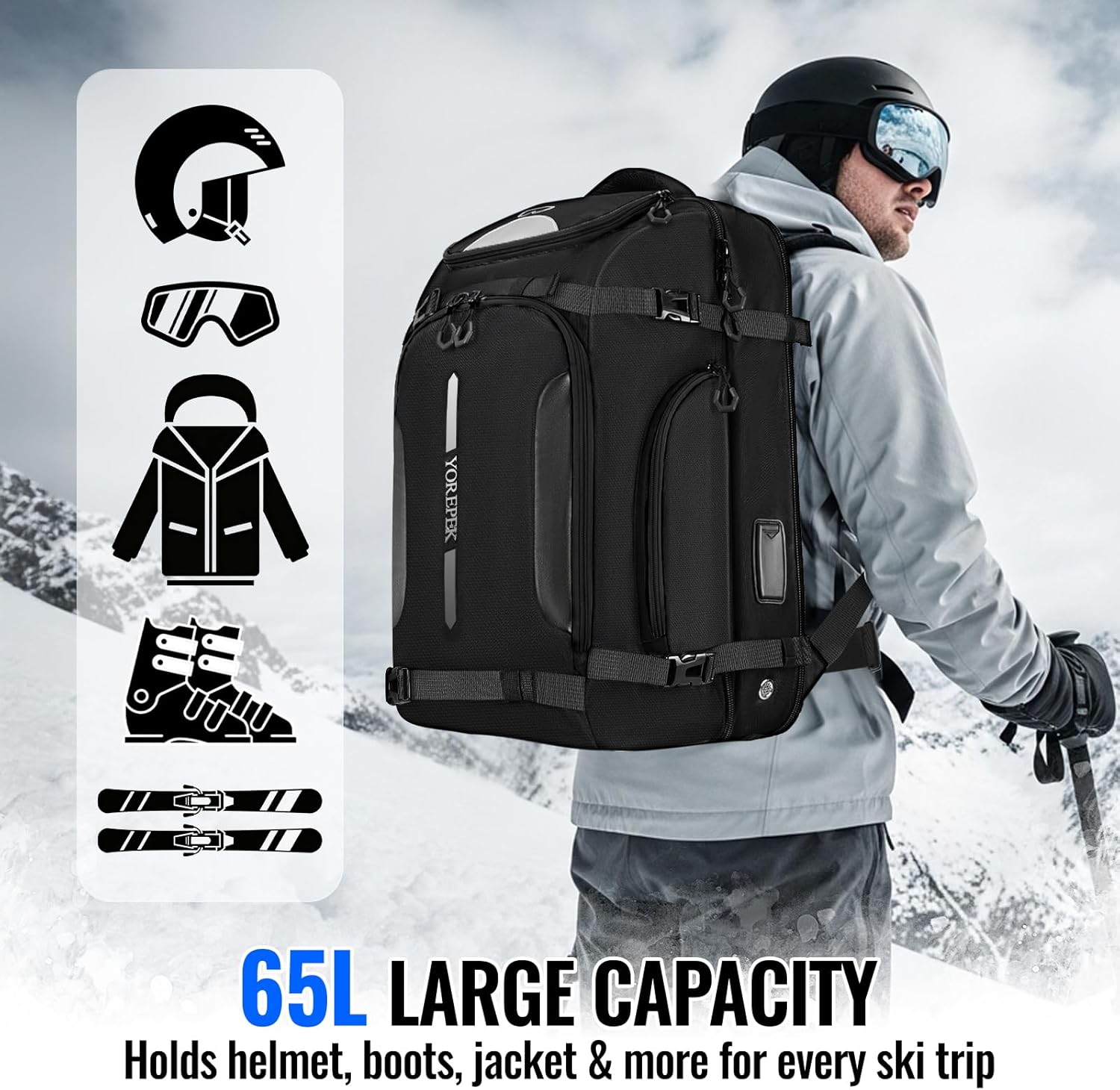 YOREPEK 65L Ski Boot Bag, Waterproof Ski Snowboard Backpack with Clamshell Opening, Separate Compartments for Boots, Helmet, Goggles, Jacket, Pants, Accessories for Adults, Mini Pockets for AirTag - 5