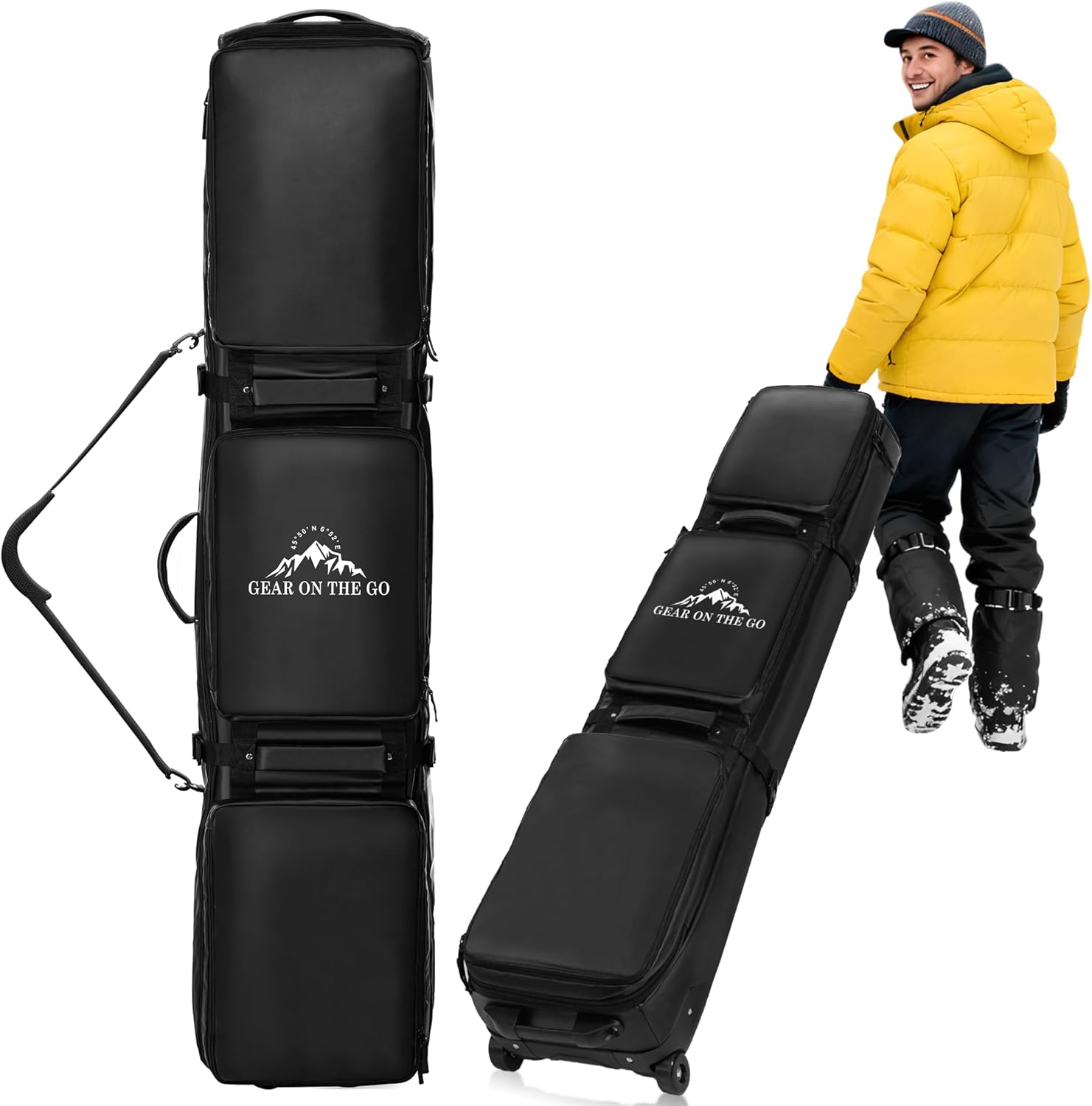 Rolling Ski Bag for Air Travel, Snowboard Bag with Wheels, 900D Extendable 155-185CM Wheeled Ski Bag All-Round Padded Protection, for Snowboard, Double Skis, Boots, Helmet - 1