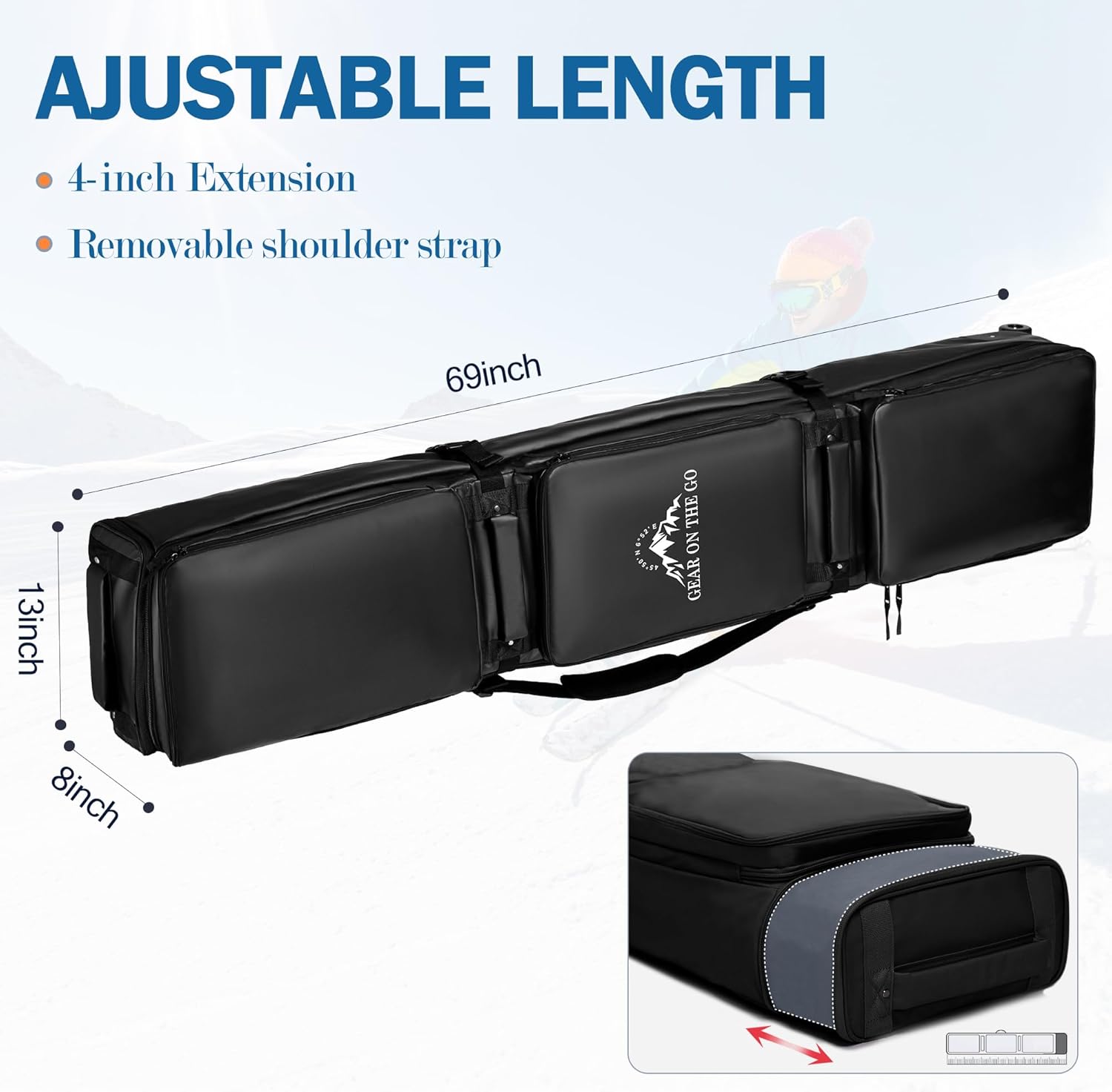 Rolling Ski Bag for Air Travel, Snowboard Bag with Wheels, 900D Extendable 155-185CM Wheeled Ski Bag All-Round Padded Protection, for Snowboard, Double Skis, Boots, Helmet - Image 9