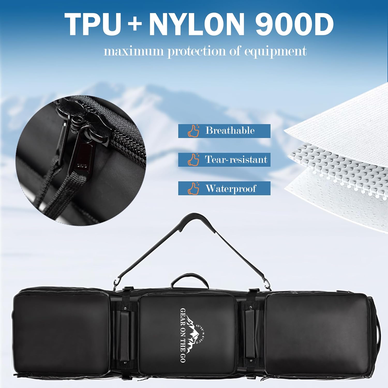 Rolling Ski Bag for Air Travel, Snowboard Bag with Wheels, 900D Extendable 155-185CM Wheeled Ski Bag All-Round Padded Protection, for Snowboard, Double Skis, Boots, Helmet - Image 7