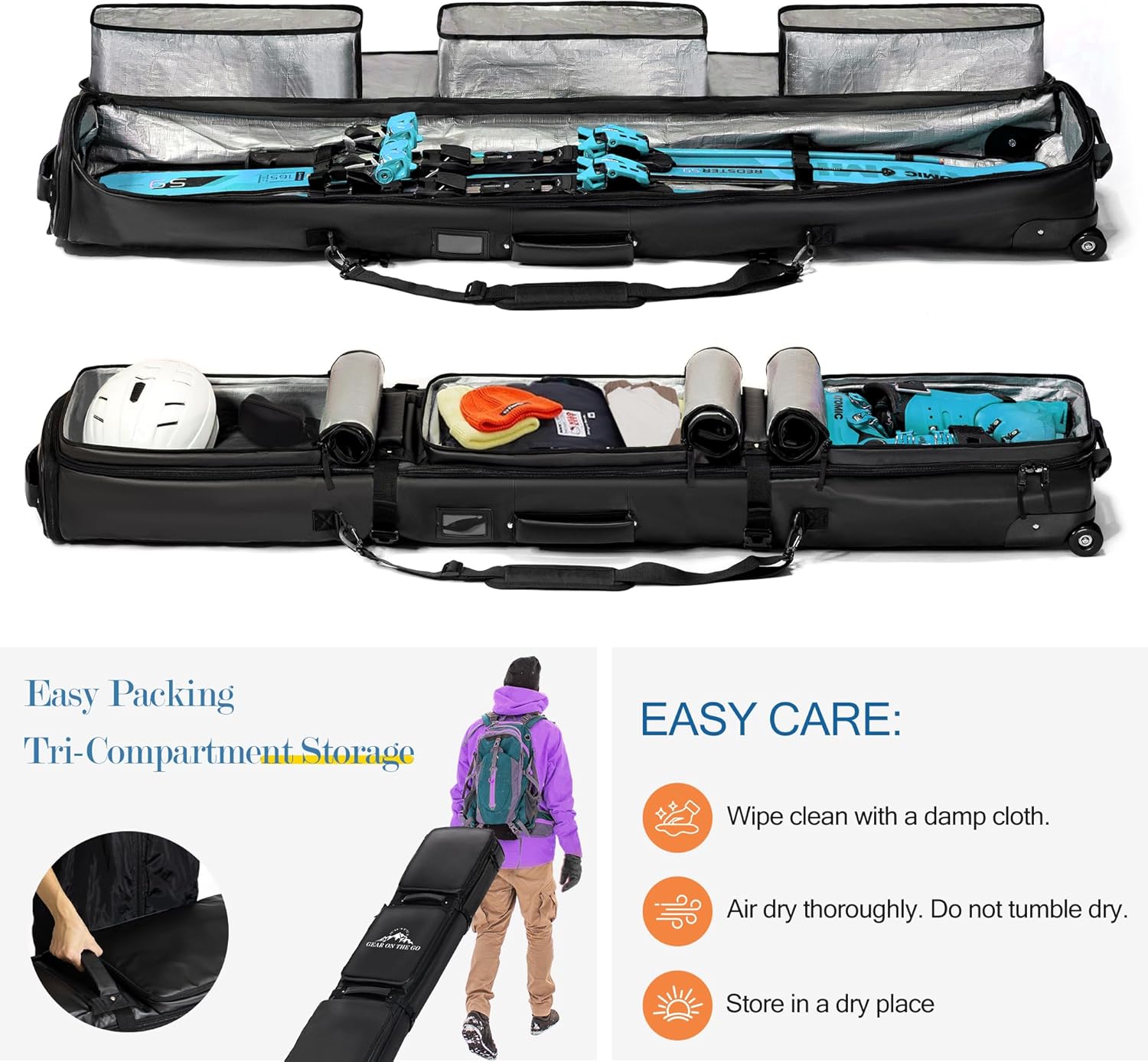 Rolling Ski Bag for Air Travel, Snowboard Bag with Wheels, 900D Extendable 155-185CM Wheeled Ski Bag All-Round Padded Protection, for Snowboard, Double Skis, Boots, Helmet - Image 5