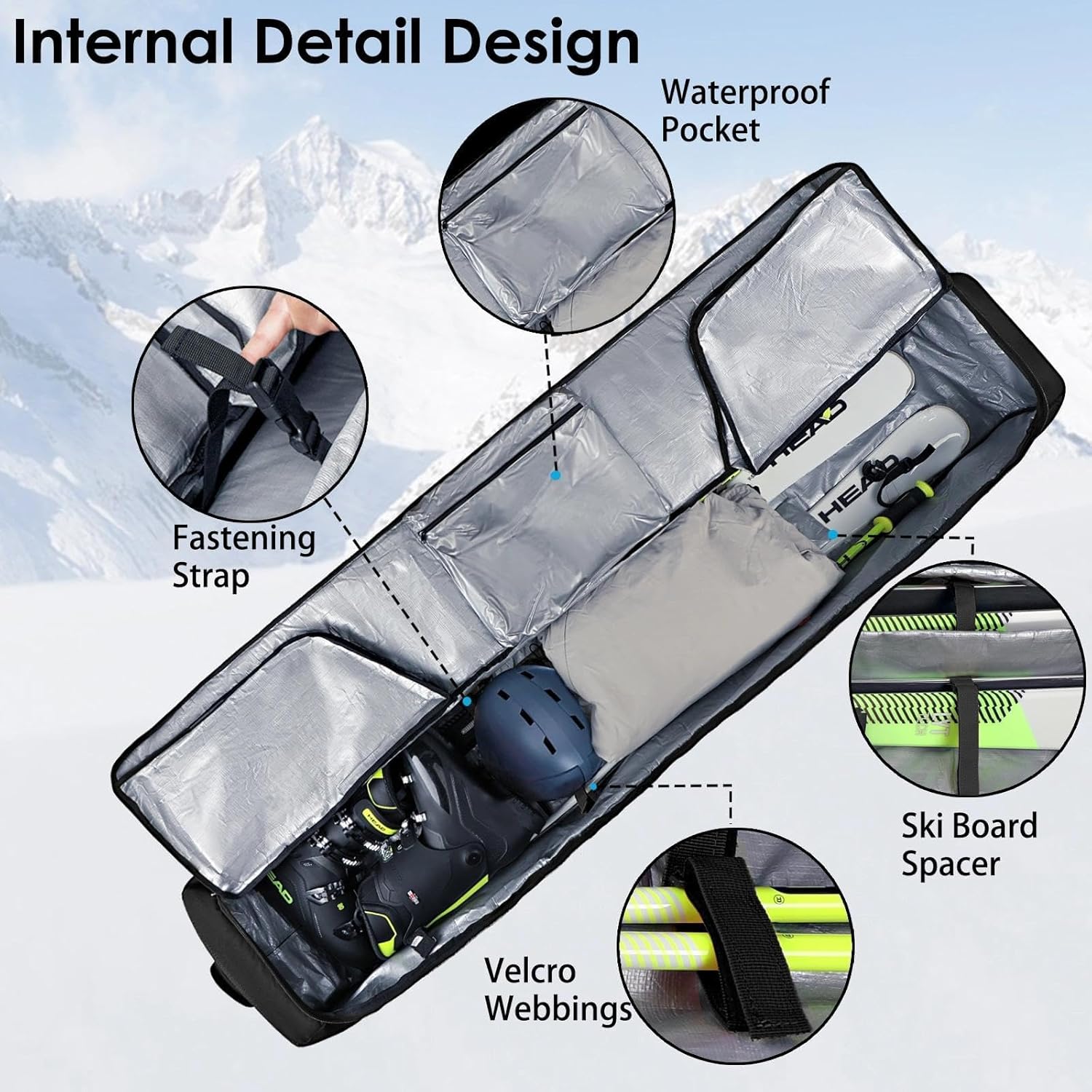 DAFISKY Ski Bags for Air Travel - Ski Bag with Wheels Fit Single Snowboard or Double Skis up to 175 or 190 cm All-Round Padded Protection for Boots, Helmet, Ski Gear - Image 2